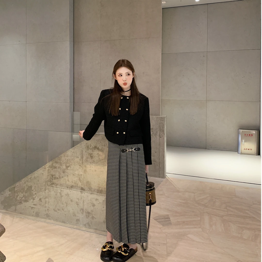 aaaaxbbb多伦多3am 不对称格子百褶裙高腰显瘦半身裙秋冬 折扣