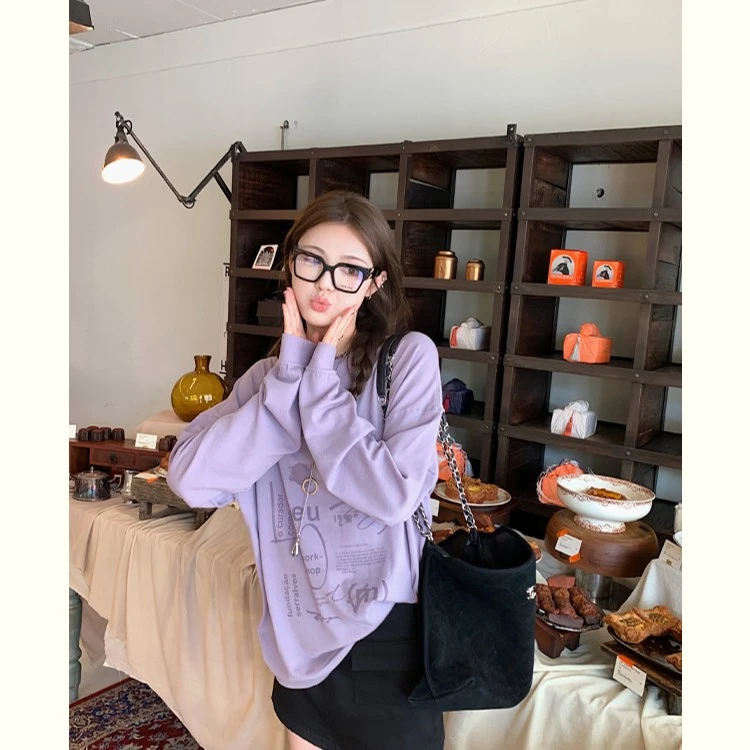 aaaaxbbb smoothie芋泥热奶 字母印花长袖t恤两色宽松显瘦打底衫