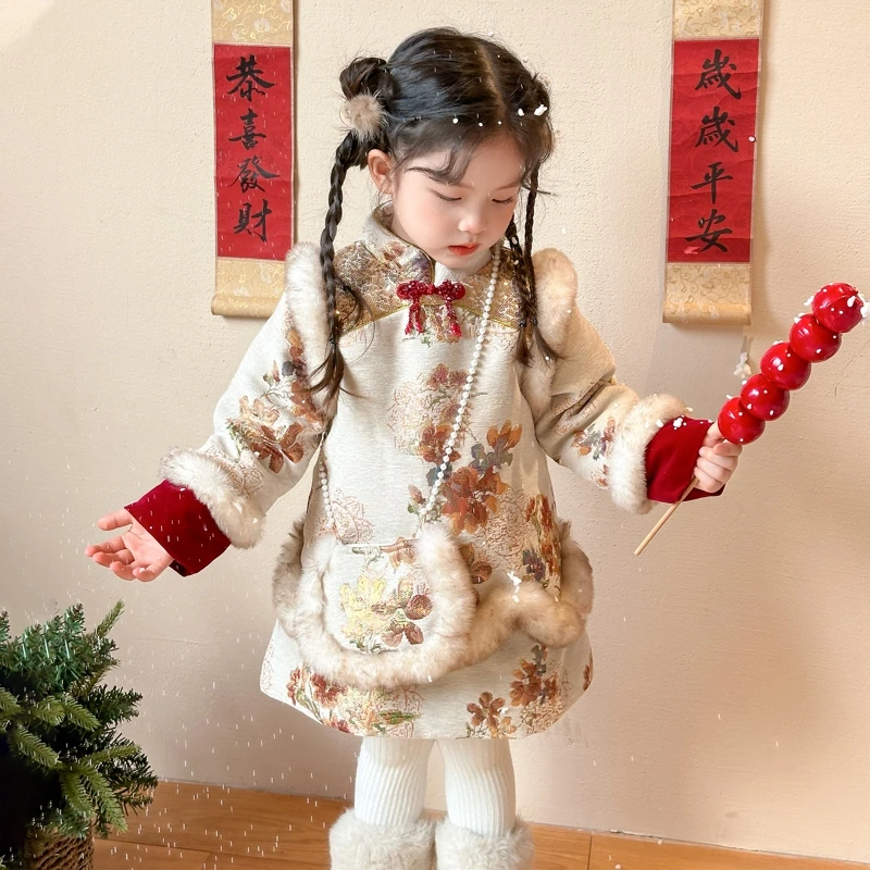 儿童冬季中国风新款唐装女童加厚新年旗袍拜年服喜庆宝宝女童年服