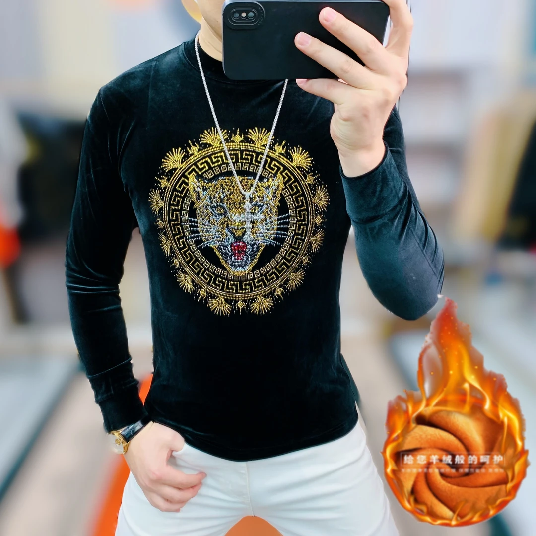 阿凯严选  2025高品质秋季新款男士轻奢帅气丝绒烫钻修身欧货短袖