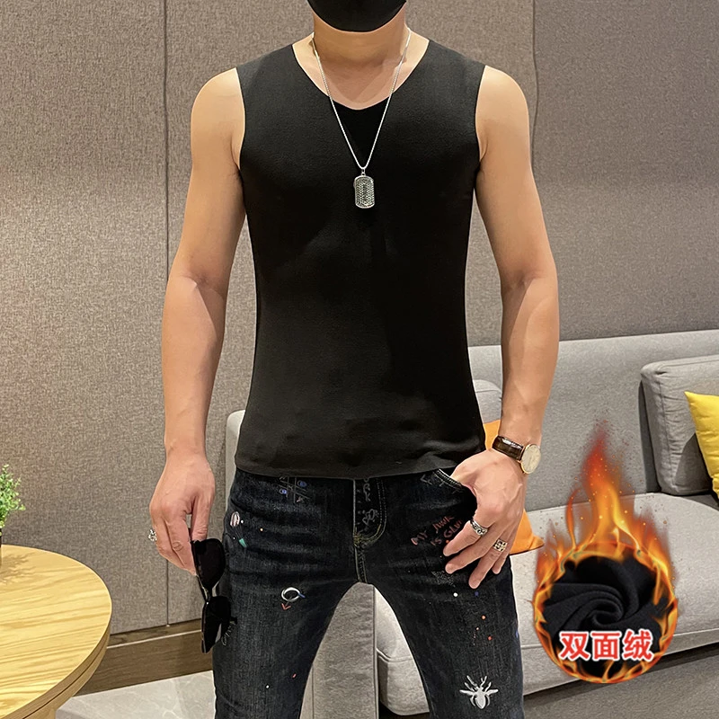 阿凯  德绒冬季保暖男士无痕修身高弹加绒双面磨毛发热打底背心