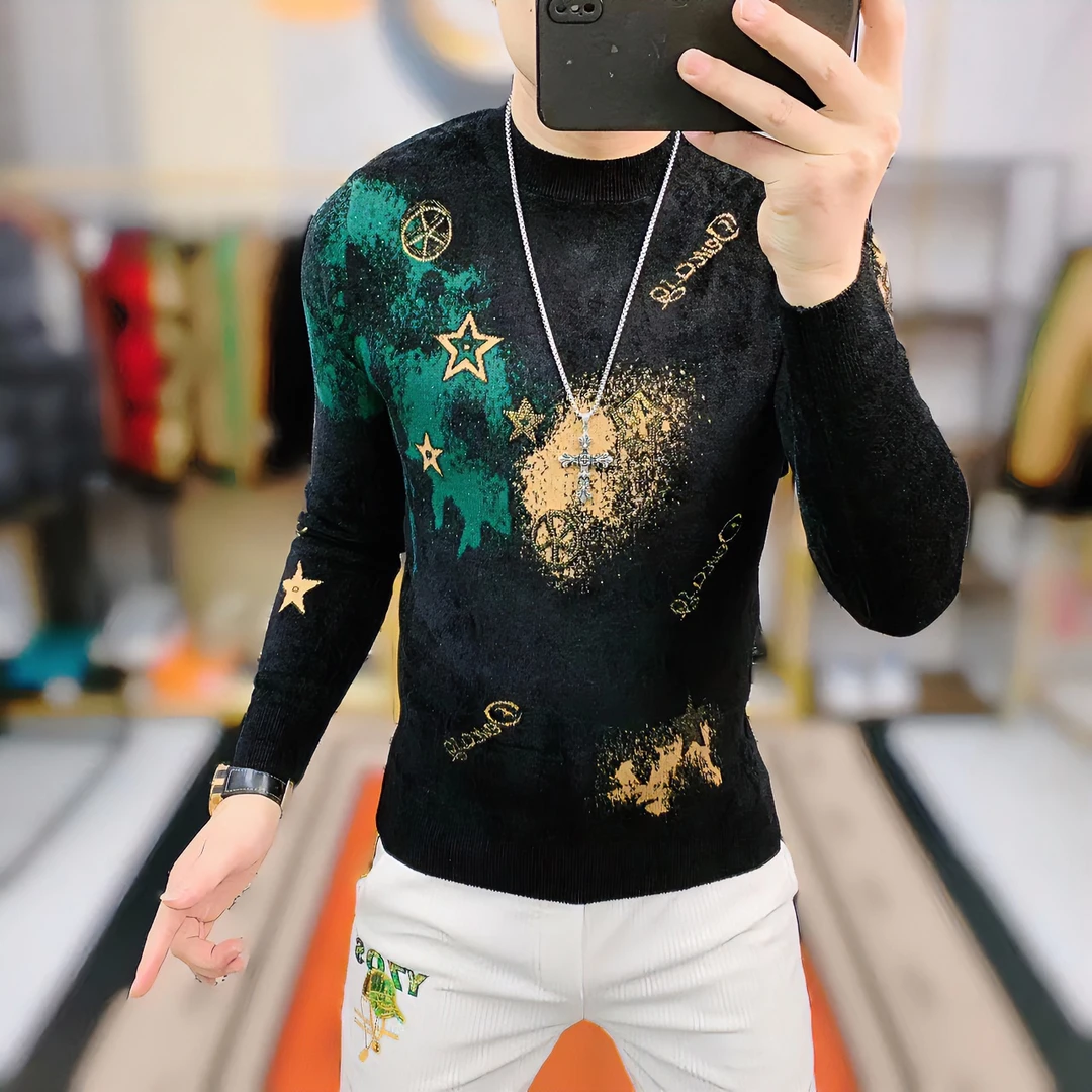 阿凯  欧洲站冬季新款男士潮流时尚修身圆领针织不起球毛衣打底