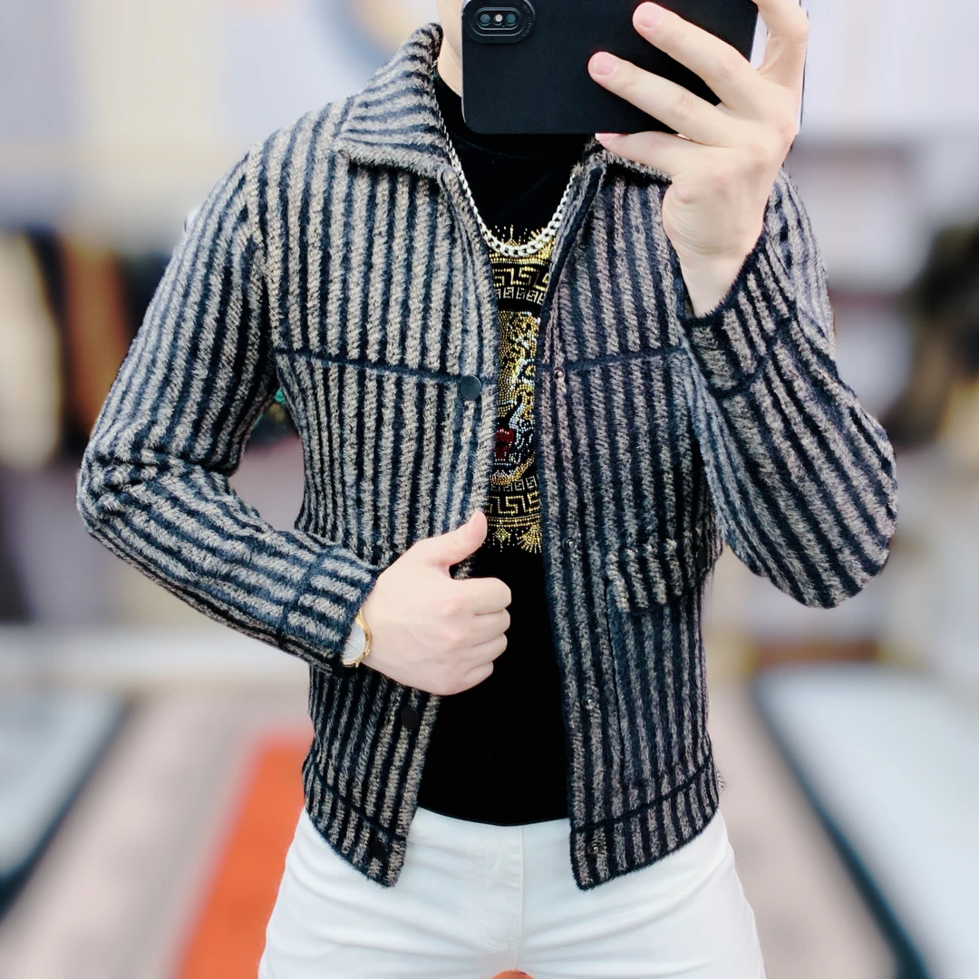 阿凯严选  欧洲站高品质2024秋冬新款男士针织防貂绒毛衣修身外套