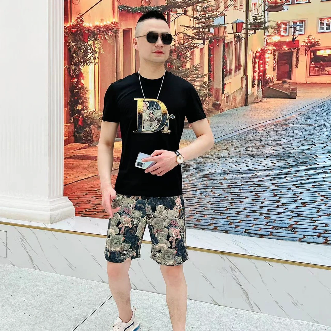 阿凯  欧洲站夏季新款男士潮流时尚圆领刺绣休闲百搭五分短裤套装