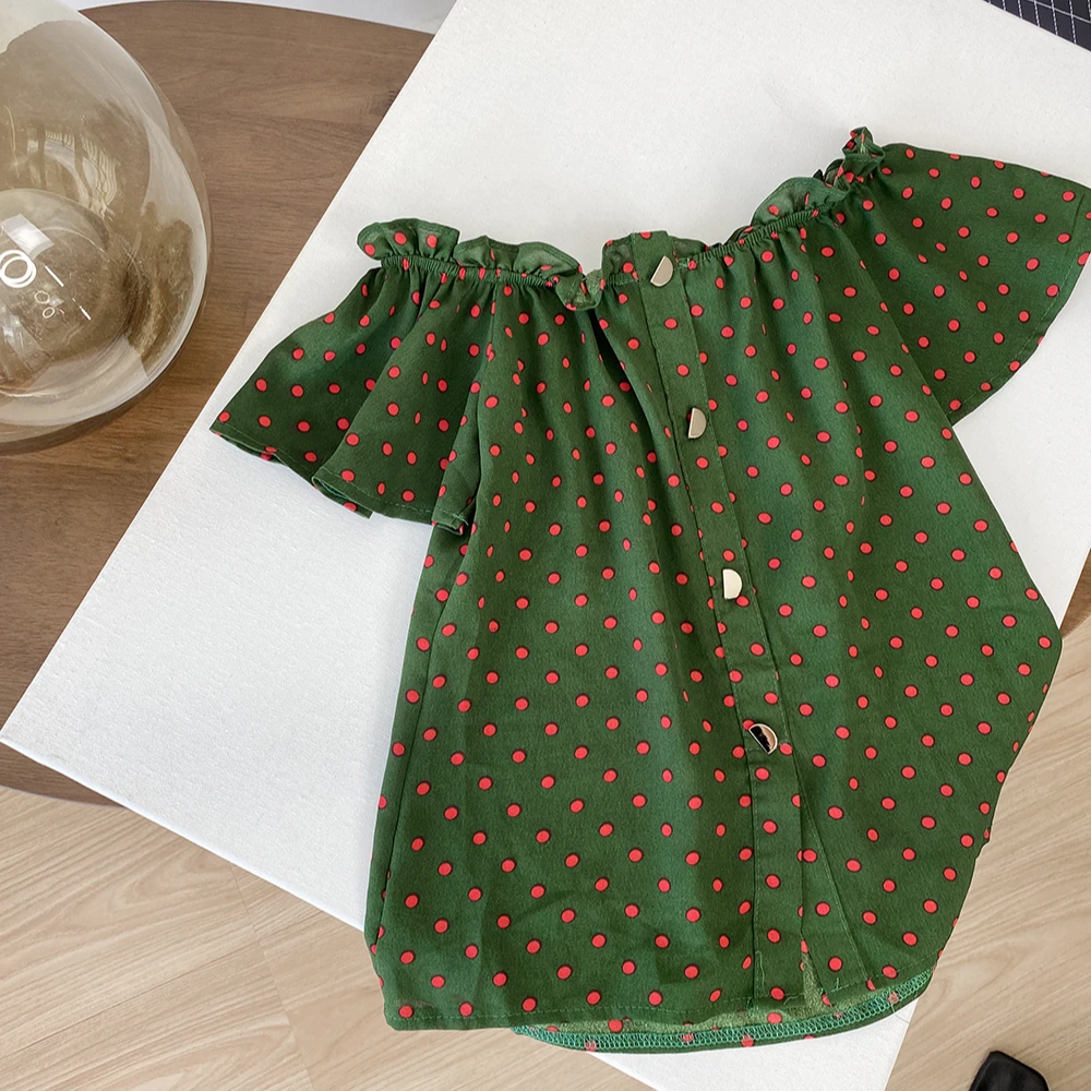 小清新波点木耳边一字领露肩短袖宽松T恤简约气质韩版休闲上衣女