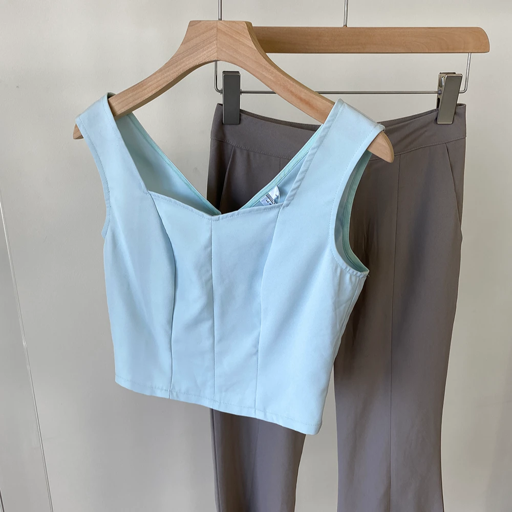 纯欲风简约方领无袖短款背心美背修身百搭露背拉链露脐打底上衣