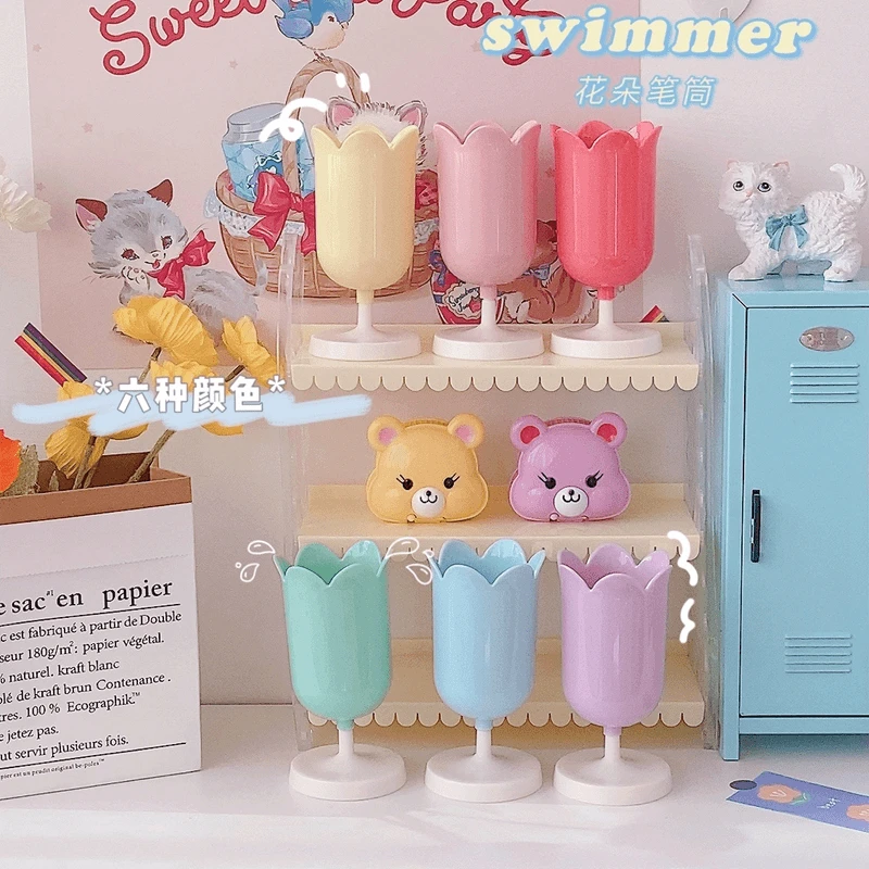 ins马卡龙郁金香花瓣笔筒少女桌面整理摆件收纳装饰化妆刷桶宿舍