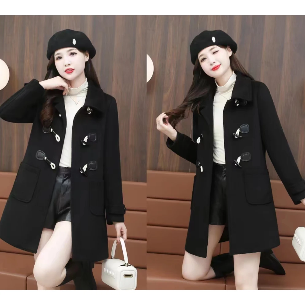 毛呢风衣女秋冬牛角扣宽松中长款甜美外套过膝加厚大衣8816#