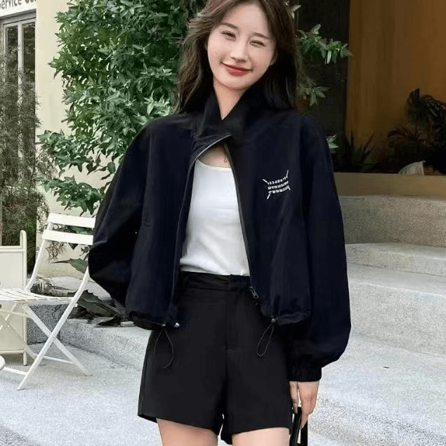 立领外套女秋季新款宽松长袖拉链时尚抽绳短款休闲上衣903#