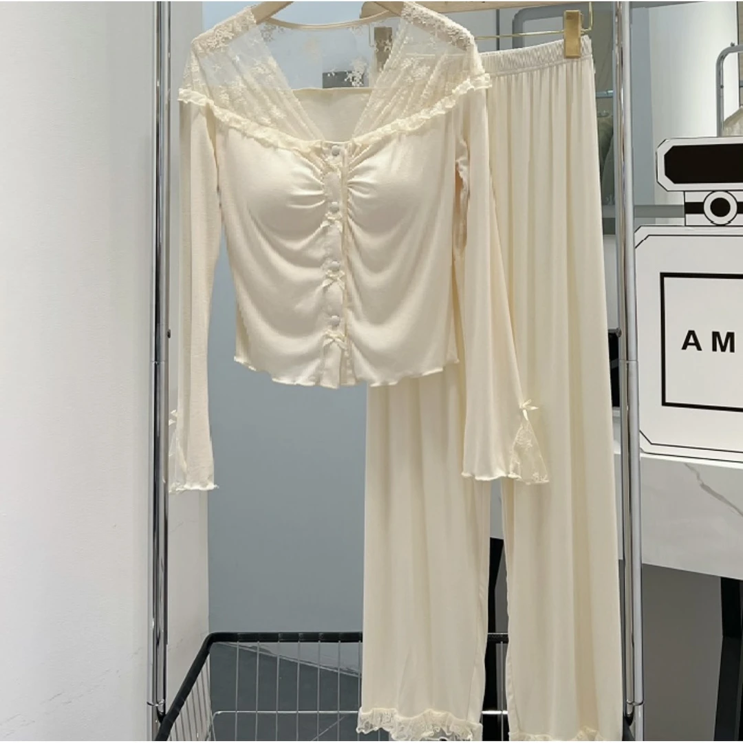 睡衣女莫代尔2025秋季新款法式甜美宫廷风蕾丝公主长袖家居服套装