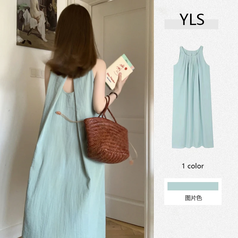 7620新款无袖挂脖法式连衣裙子女夏季设计感小众高级感气质长裙