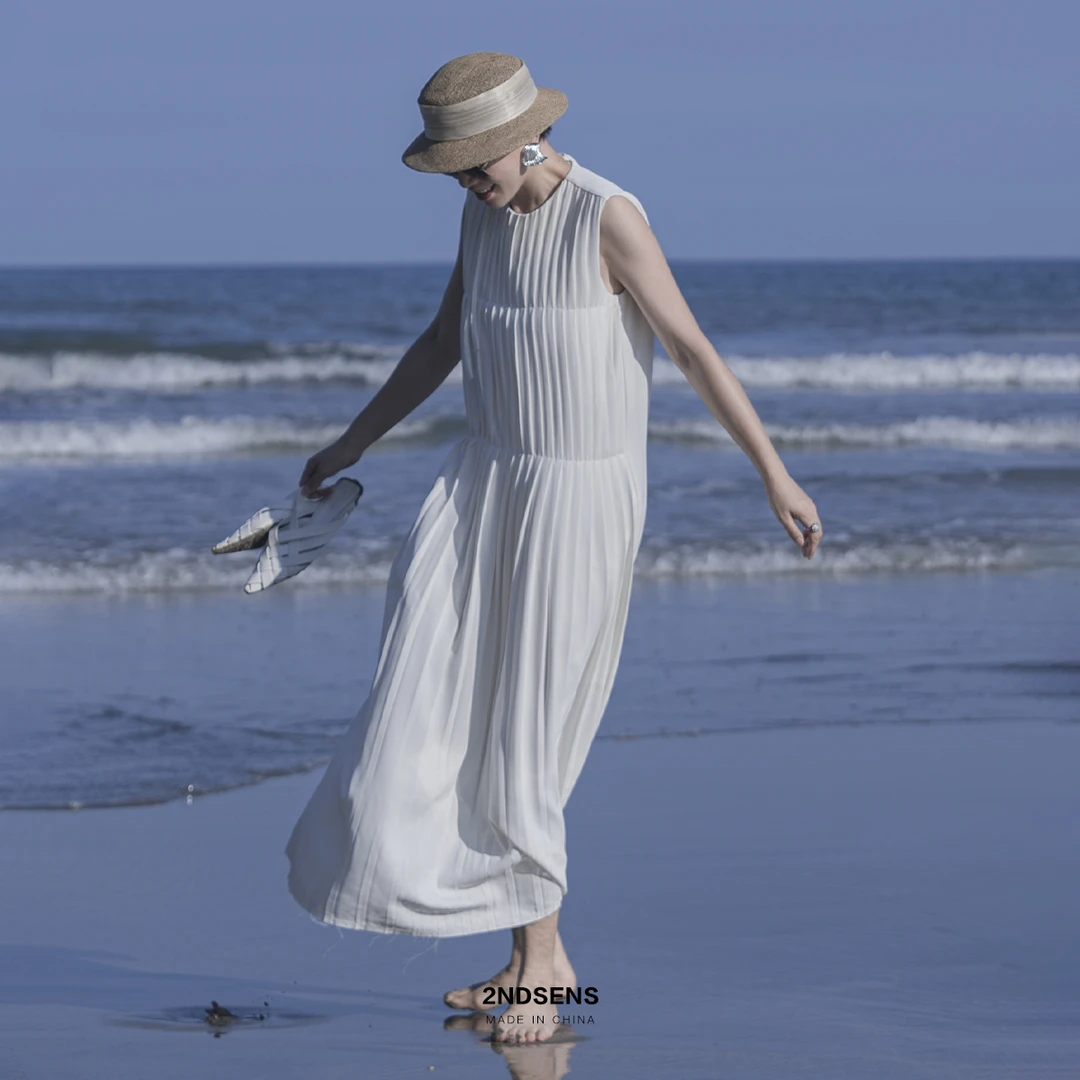 2NDSENS【简以时光】法式千层钢琴百褶无袖春夏显瘦连衣裙