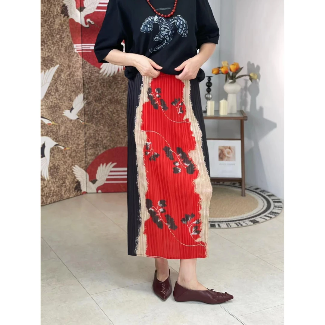 2NDSENS【川上赴野】水彩晕染松紧腰条纹渐变印染褶皱女士半身裙