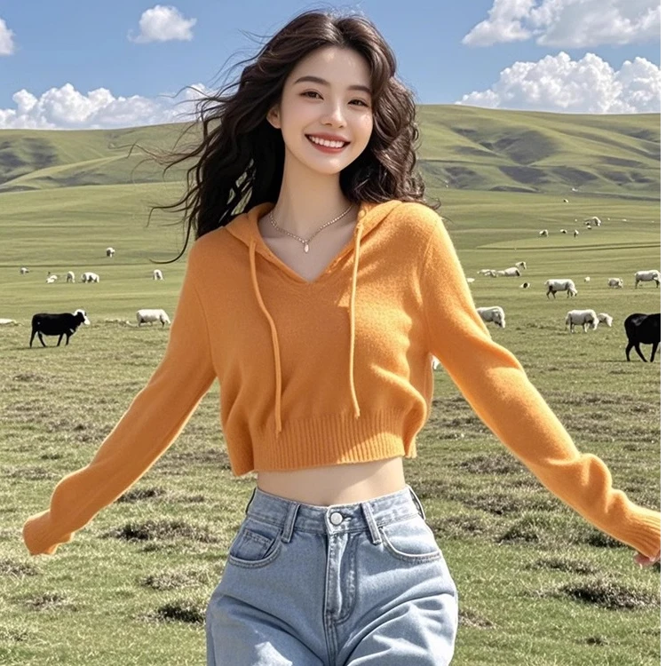 2025早秋新款高级感慵懒风橘色连帽毛衣针织衫女长袖减龄短款上衣