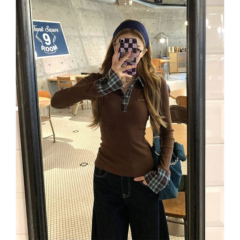 复古格纹拼接polo领长袖打底衫女秋冬修身显瘦气质内搭