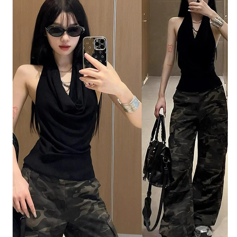 挂脖荡领无袖背心女夏季外穿收腰紧身设计感小众别致辣