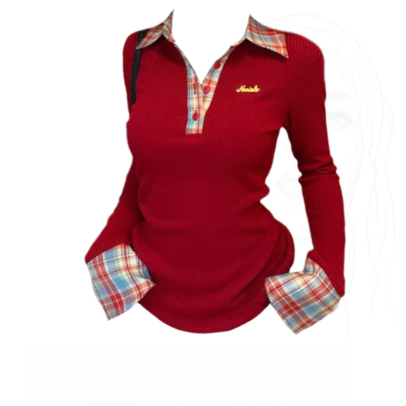 红色新年氛围感穿搭拼接打底衫女秋冬季新款修身显瘦紧