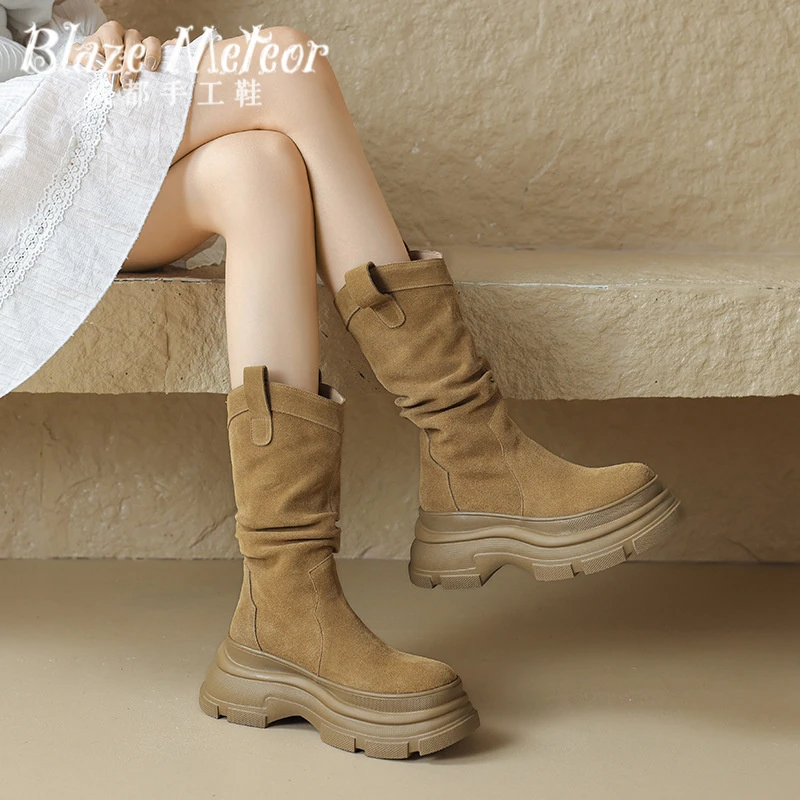 牛反绒8cm厚底V口褶皱堆堆中筒靴西部靴松糕底中靴加绒