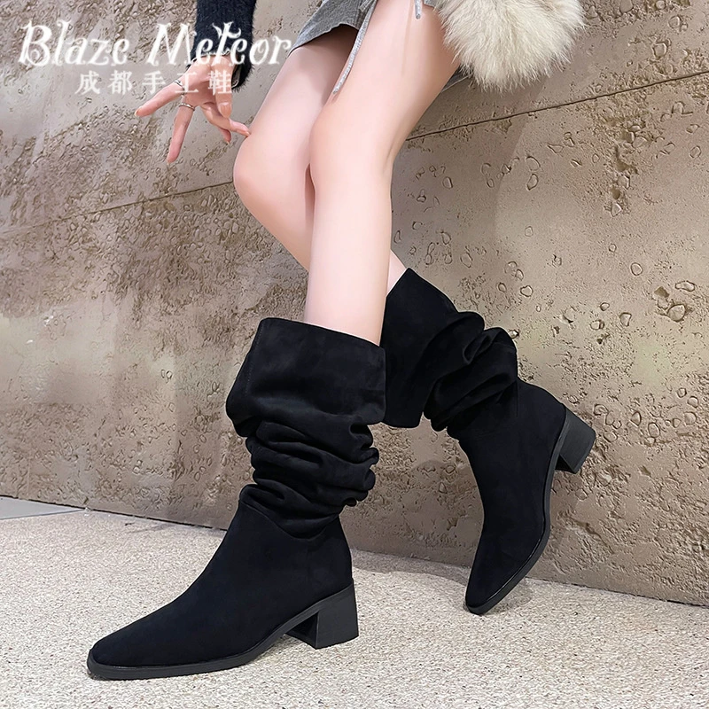 绒面5cm显瘦褶皱堆堆靴粗跟高跟长靴方头高筒骑士靴慵懒显瘦