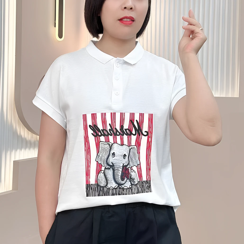 6607夏季新品宽松时尚百搭烫印小领洋气女士短袖