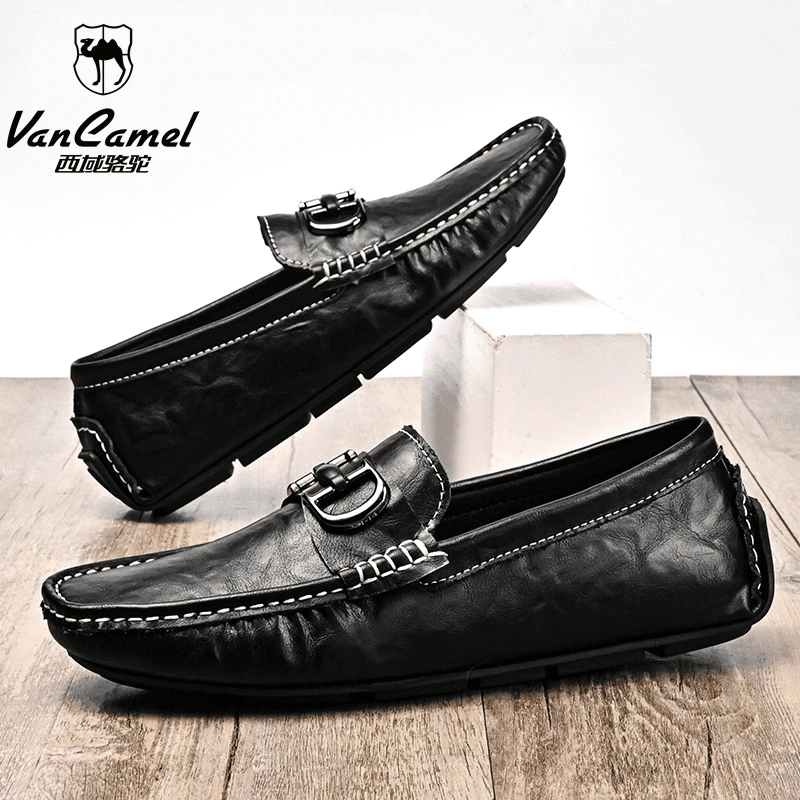 西域骆驼豆豆鞋男鞋男士百搭夏季透气真皮软底时尚潮流套脚驾车鞋