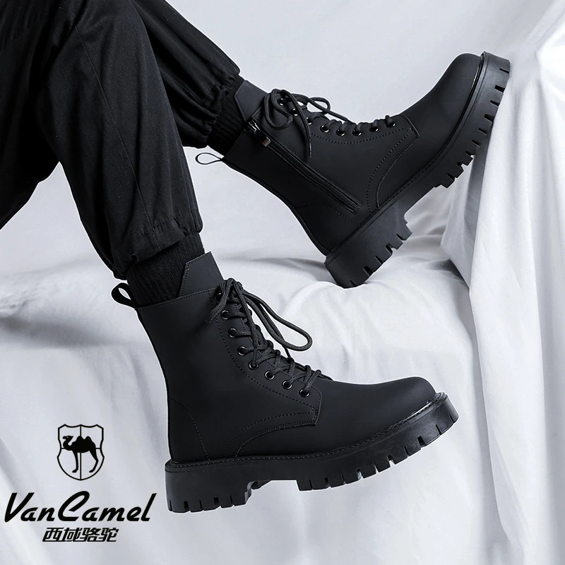 VANCAMEL/西域骆驼厚底增高潮流高帮中帮马丁靴男冬季英伦风加绒