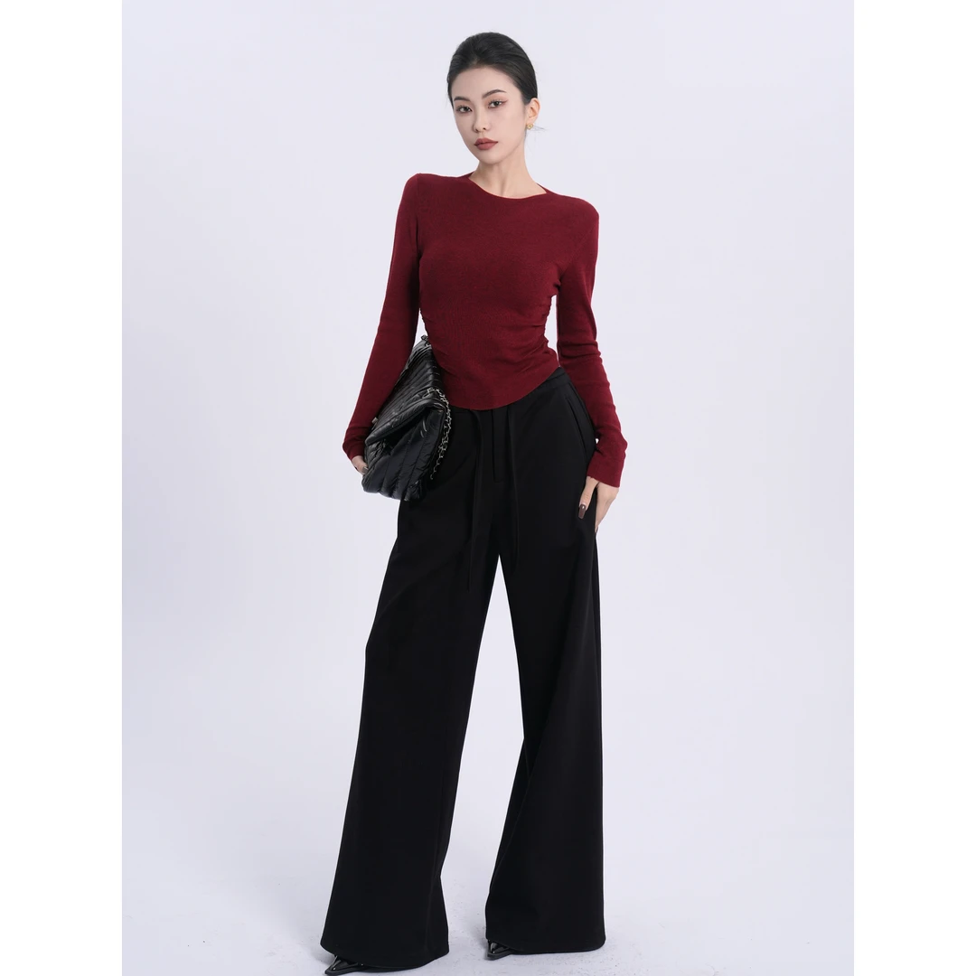 JIJINQI时尚酒红色长袖针织衫显瘦秋冬圆领气质打底JINQBSP1118