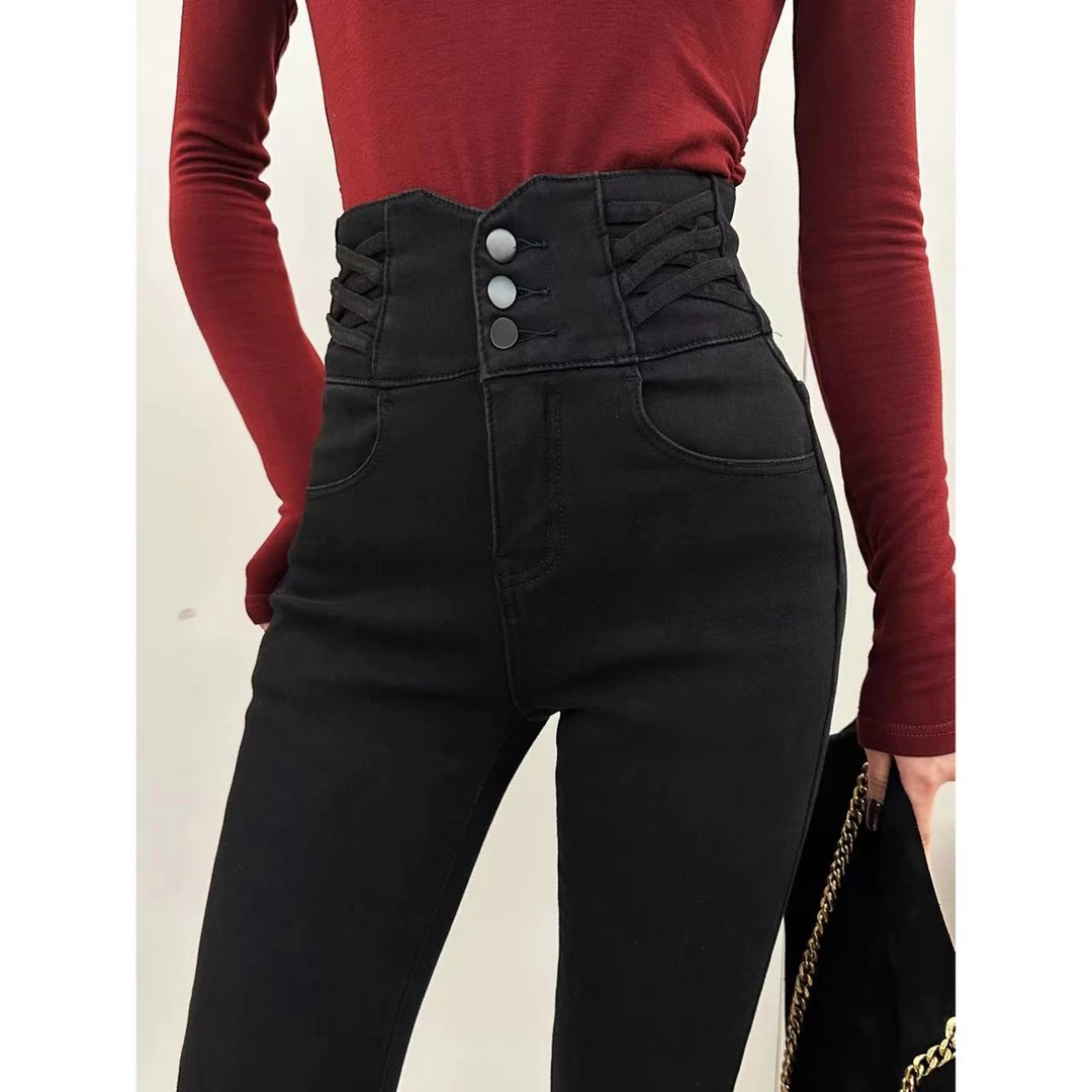 JIJINQI黑色百搭时尚显瘦小脚牛仔裤九分修身高腰小脚裤JINQB1247