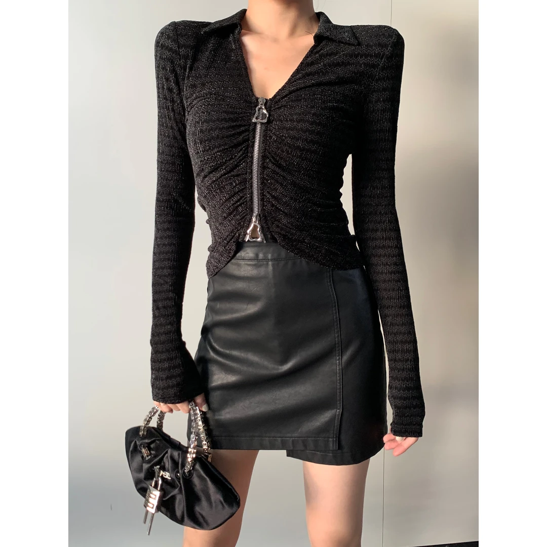 JIJINQI秋冬新款酷辣纯欲长袖不规则抽褶双向拉链衬衫 JINQB0913