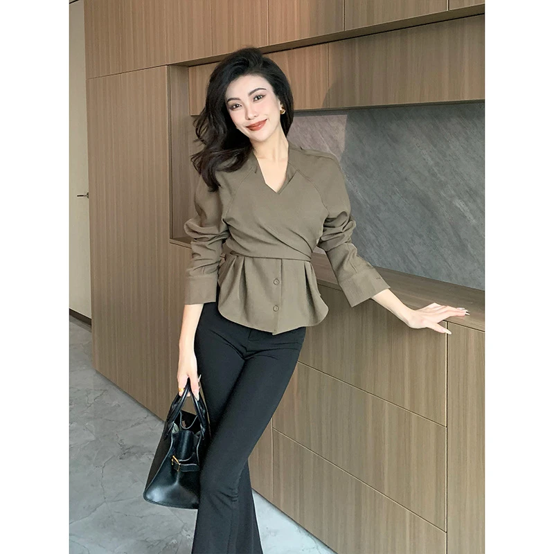 JIJINQI气质穿搭交叉绑带衬衫秋季设计感时尚长袖上衣JINQCSP0304