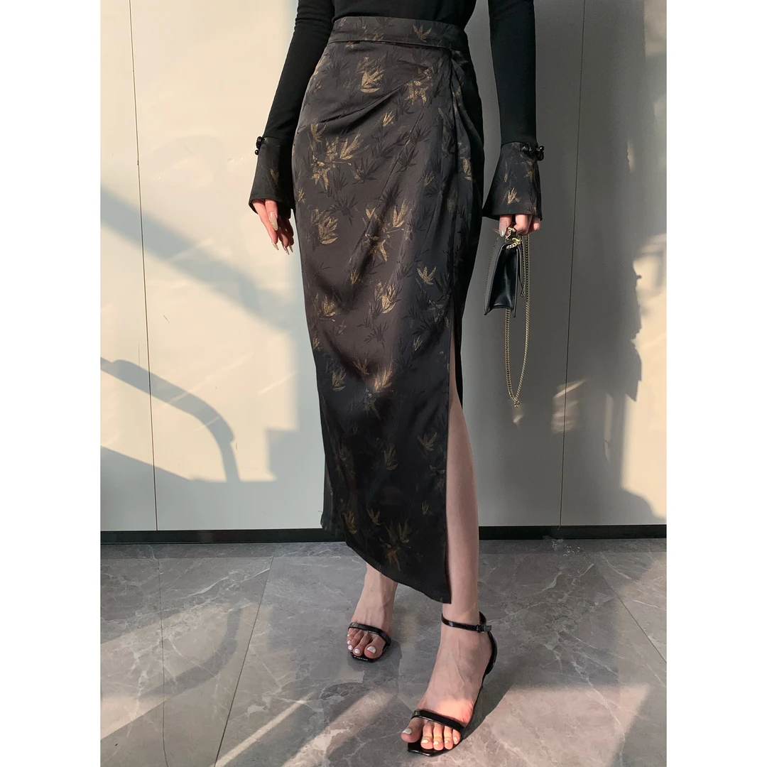 JIJINQI新中式国风印花半身裙女气质a字侧开叉修身裙JINQCSP0202