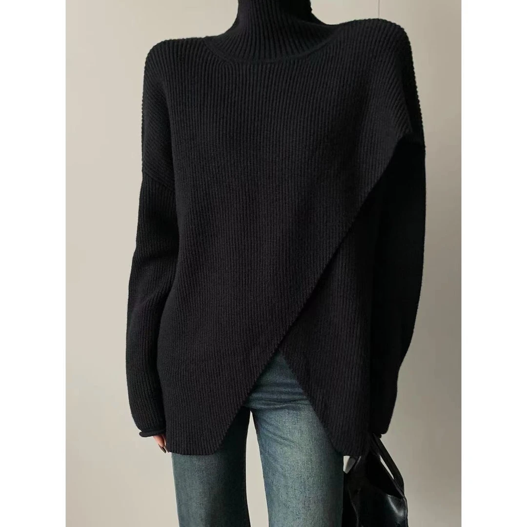 JIJINQI黑色保暖秋冬季针织衫高领套头开叉不规则毛衣JINQBSP1019