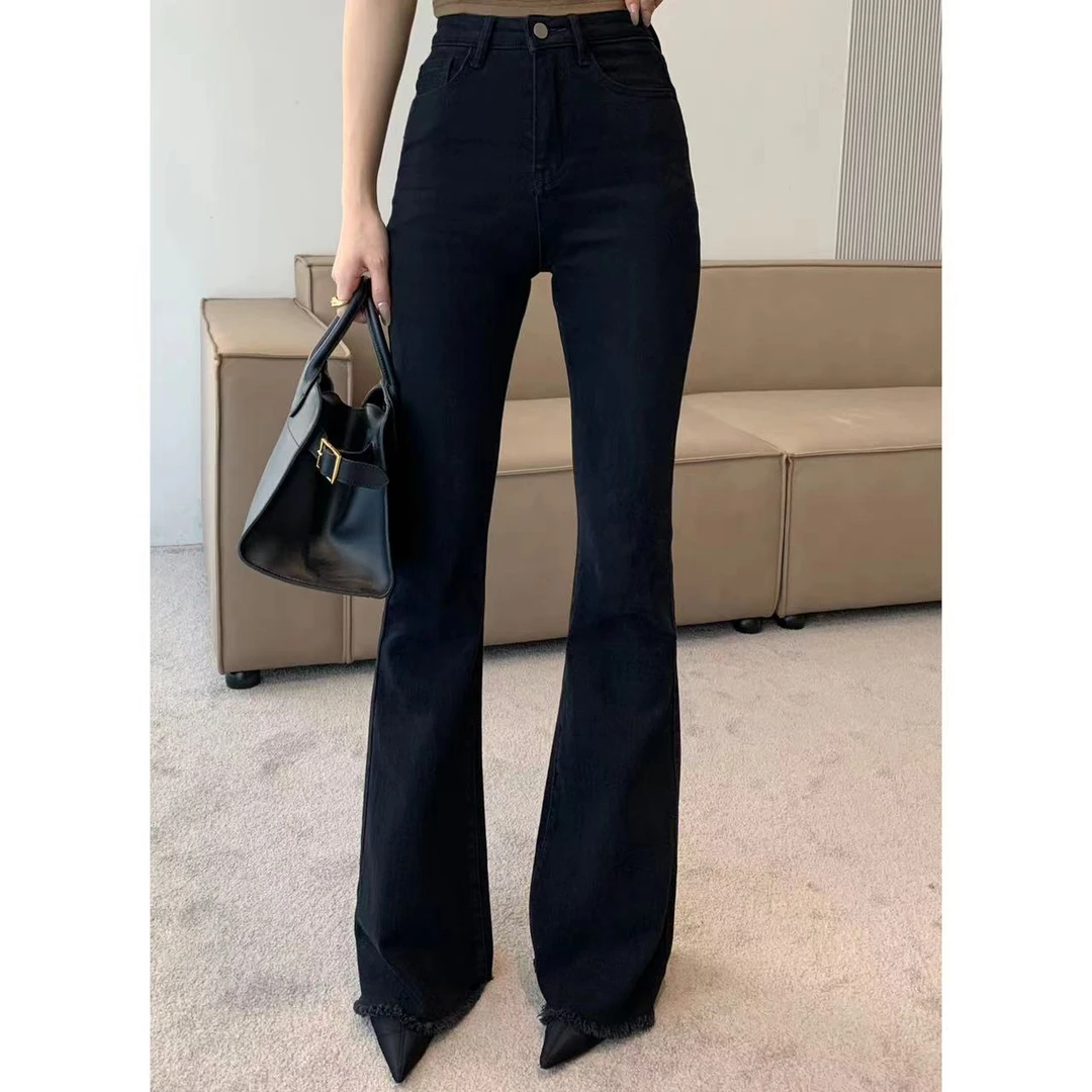JIJINQI2024新款微喇叭裤黑色显瘦高腰马蹄裤拖地牛仔裤女 JQE122