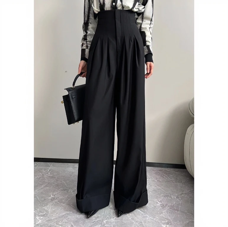 JIJINQI秋冬季气质休闲裤黑色宽松收腰垂感阔腿裤长裤 JINQA1167