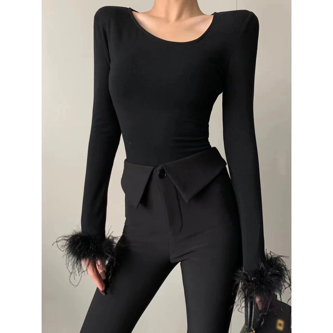 JIJINQI秋冬黑色修身上衣显瘦时尚圆领毛毛长袖打底衫JINQBSP1053