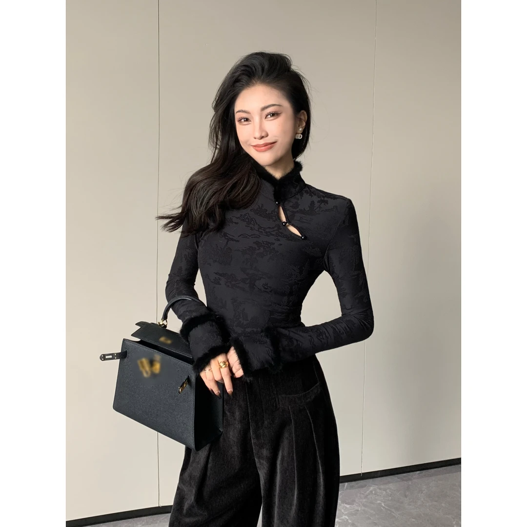 JIJINQI黑色复古新中式长袖盘扣水貂毛上衣修身打底衫JINQBSP1266