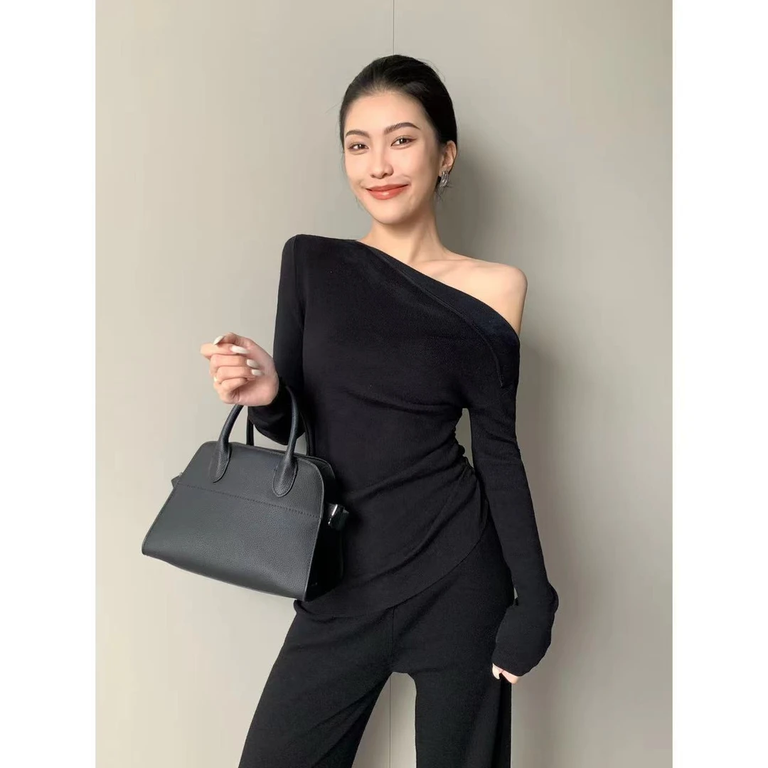JIJINQI时尚高腰休闲修身黑色长袖套装气质斜肩两件套装JINQB0886