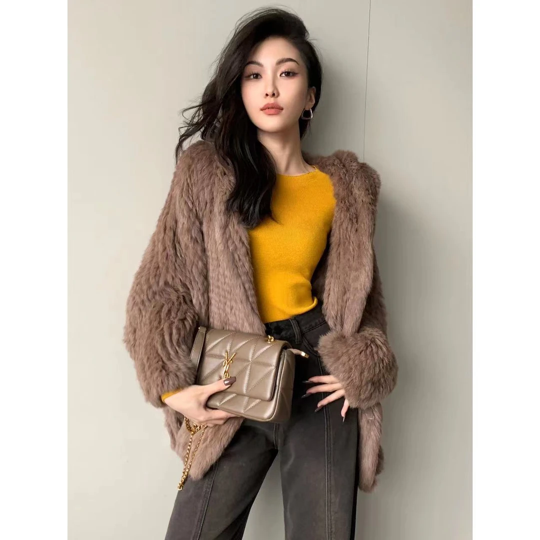 JINQ冬季慵懒风兔毛皮草外套时尚开衫兜帽保暖气质外套 JINQB1035