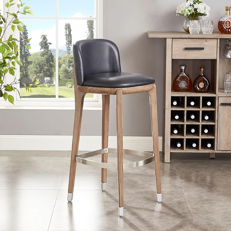 全真皮纯实木吧台椅白蜡木家用吧台凳子设计师款高脚椅酒吧凳轻奢