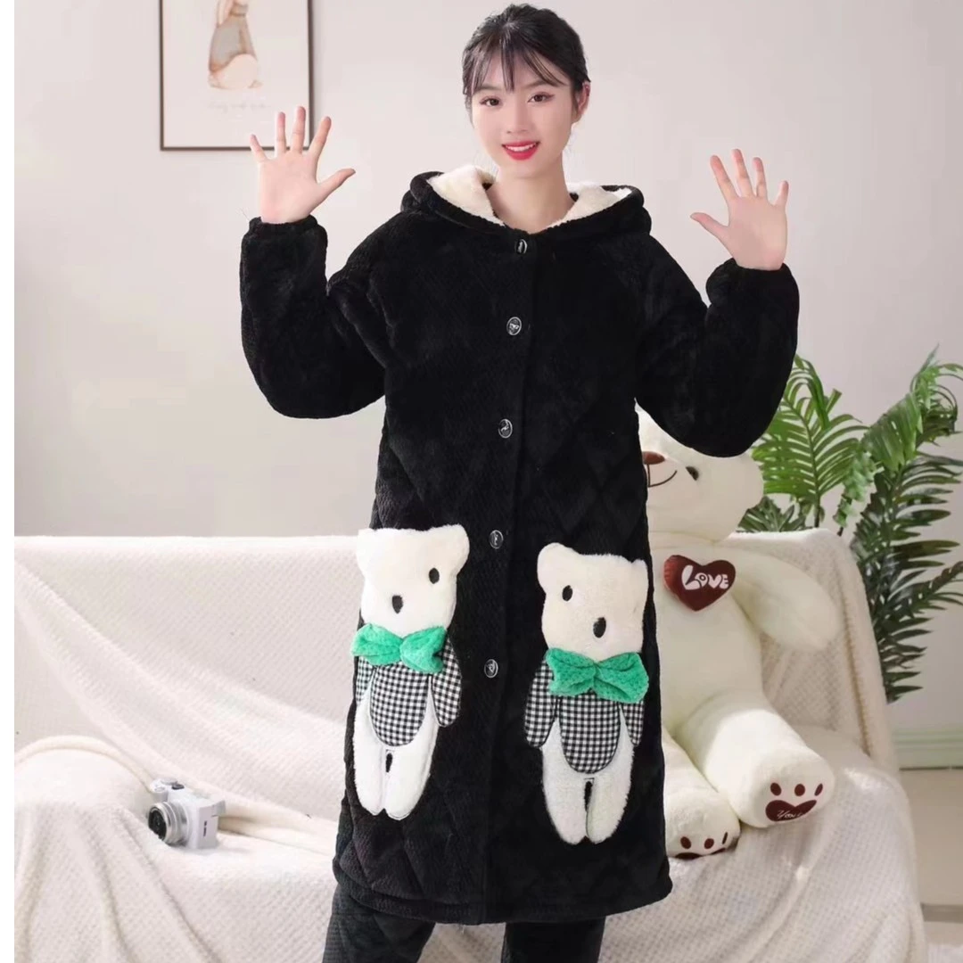 1154新款立体小熊长袍三层加厚不起静电女士连帽长款秋冬冬季双面