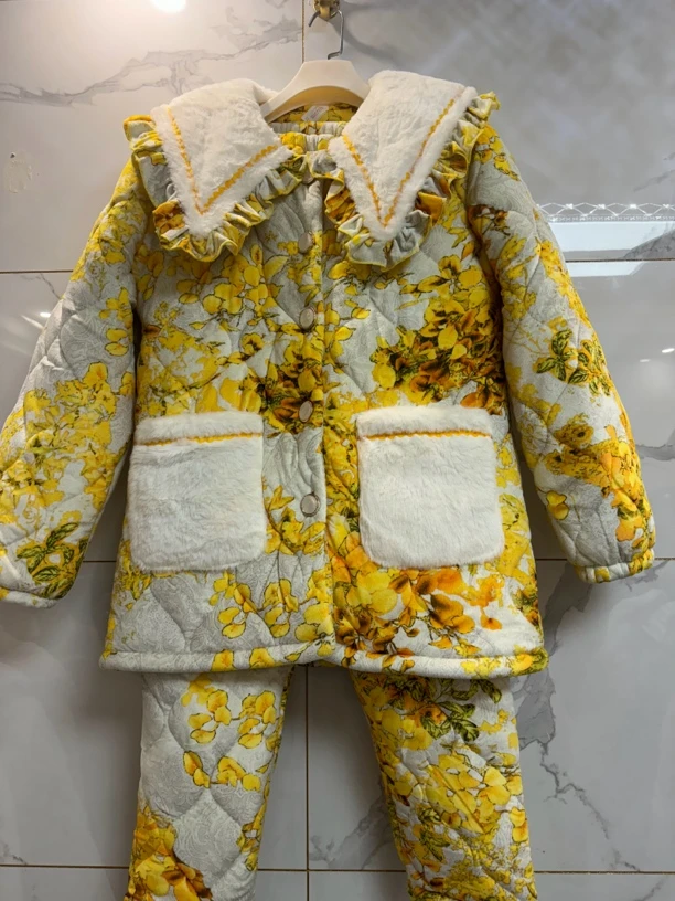 新款秋风落叶三层加厚保暖套装家居服外出款