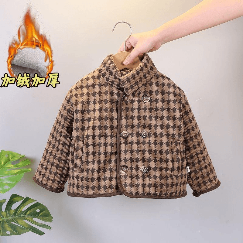 男童冬季加绒外套2023新款洋气格子中小童加厚暖棉衣宝宝冬装上衣