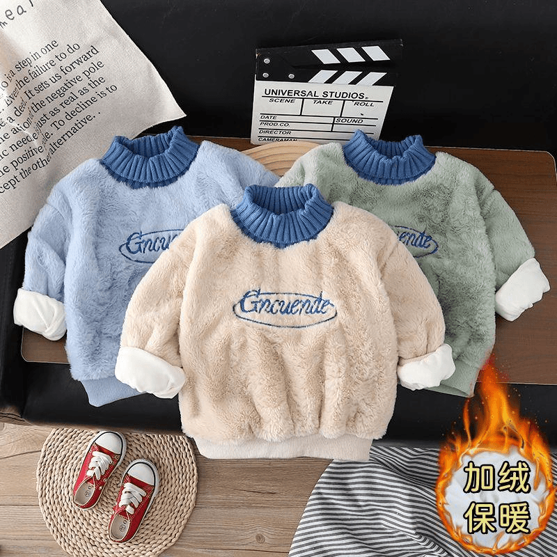 男宝宝冬季加绒卫衣2023新款洋气儿童冬季保暖毛毛衣婴儿衣服潮款
