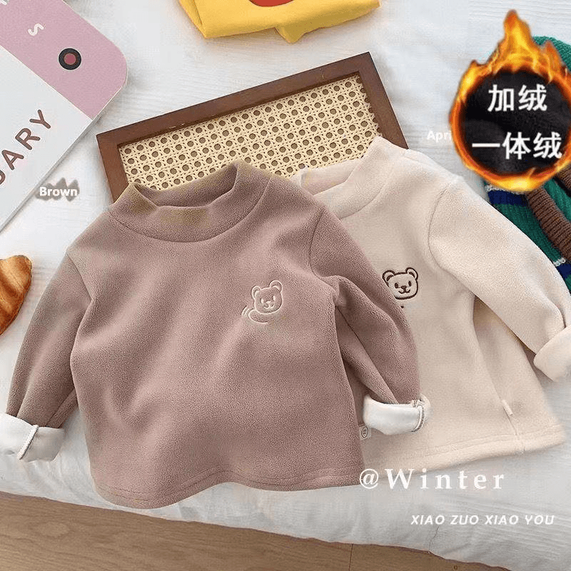 儿童加绒打底衫长袖秋冬季装宝宝半高领内搭男童保暖小熊卫衣衬衣