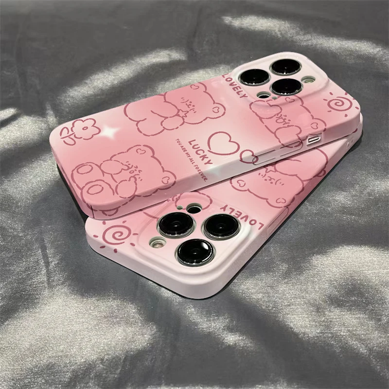 可爱卡通粉色小熊菲林壳苹果13promax手机壳iPhone15全包12硬壳11