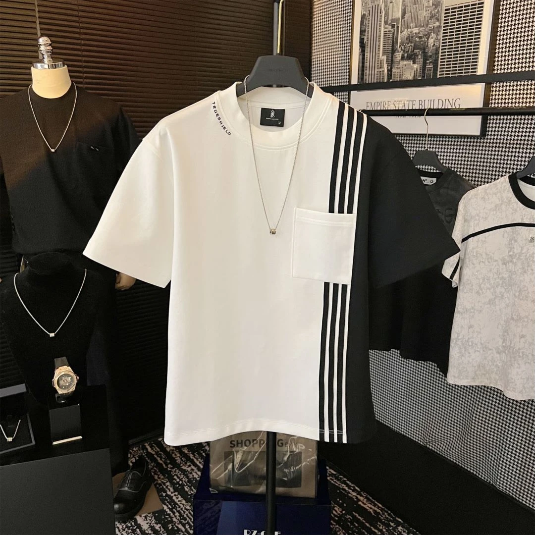 夏季条纹短袖原创个性圆领轻奢简约黑白拼色百搭透气T恤半袖上衣