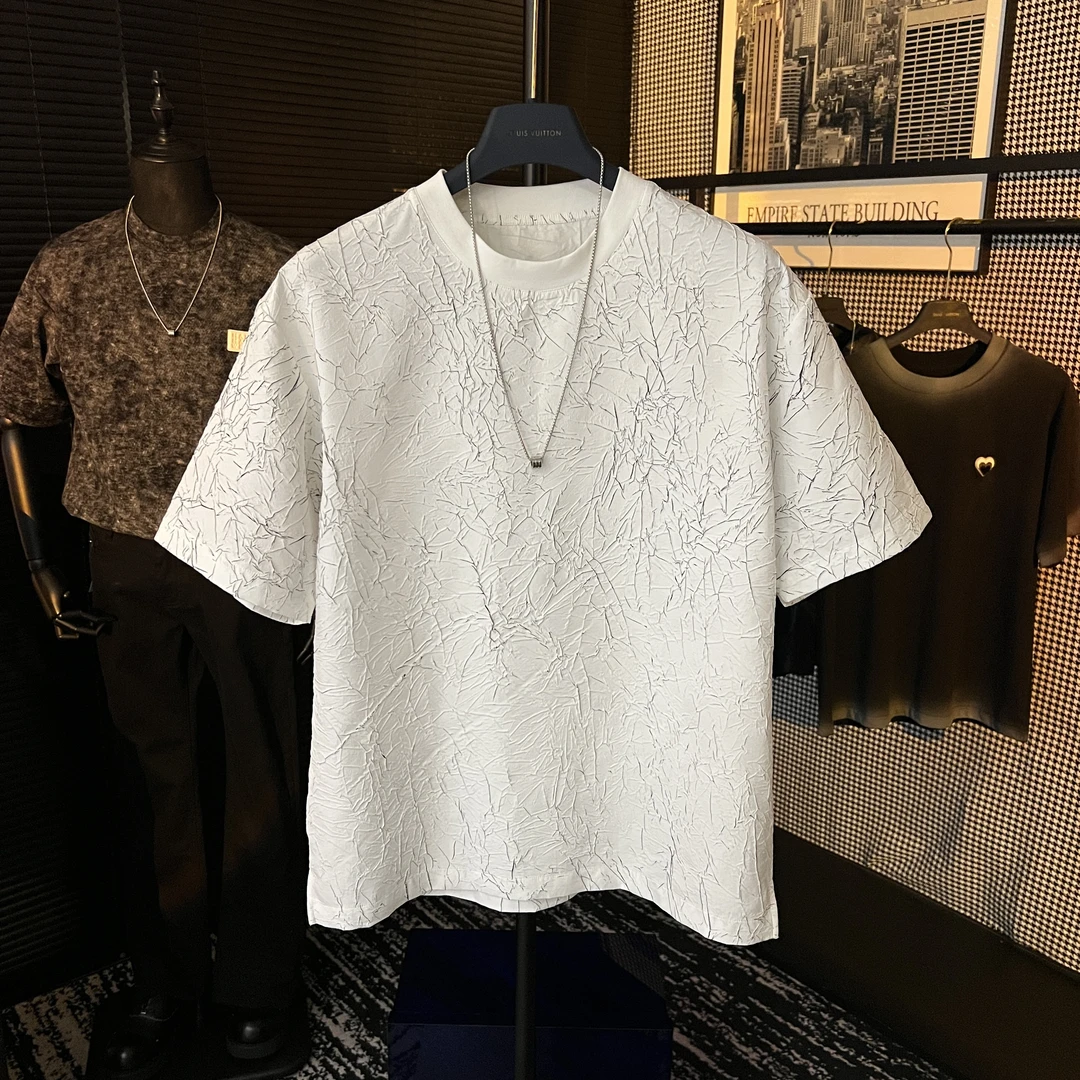 夏季男士原创百搭裂纹设计短袖上衣轻薄透气凹凸感时尚半袖T恤