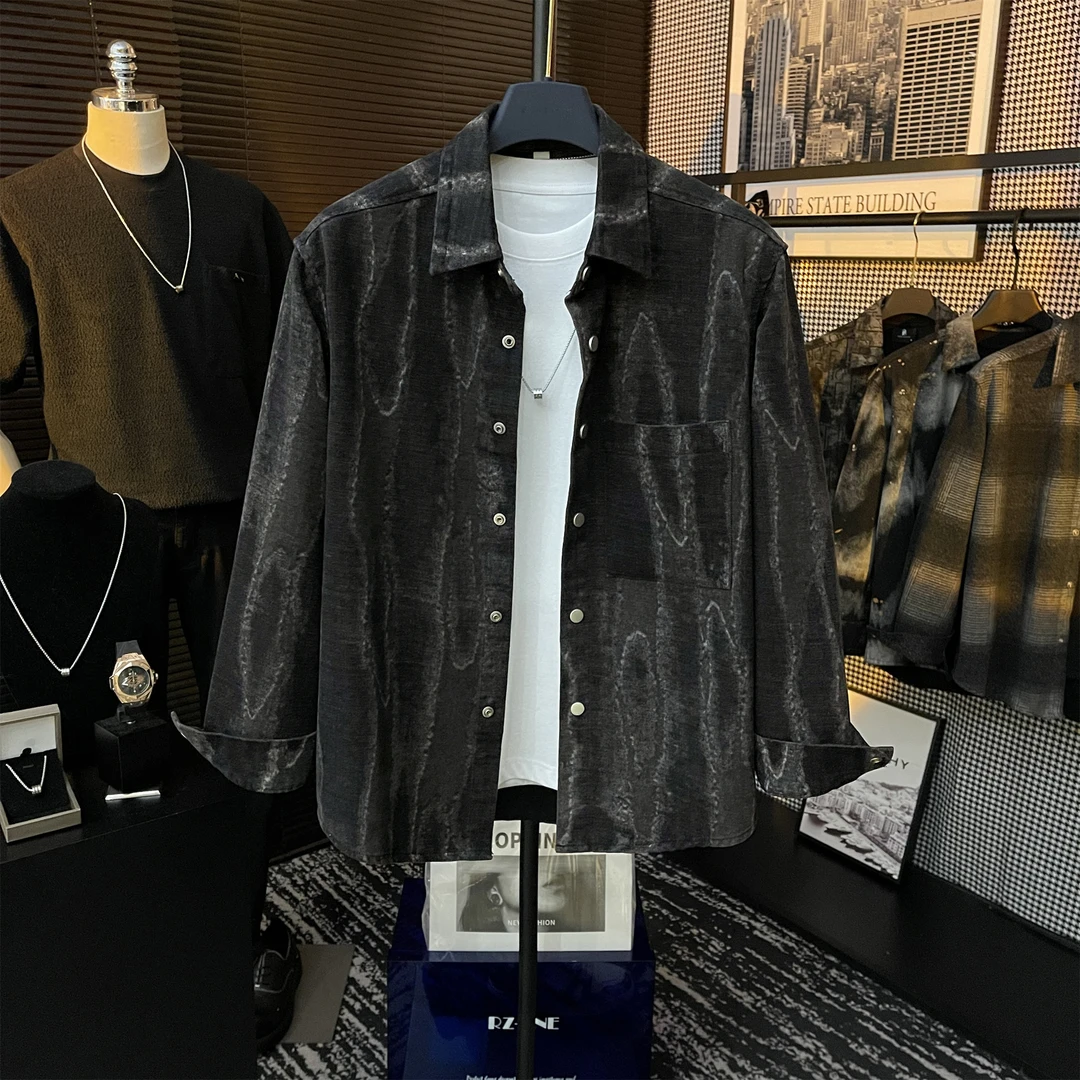 【BJ】秋季设计师轻奢帅气潮流百搭扎染做旧复古翻领衬衫牛仔外套