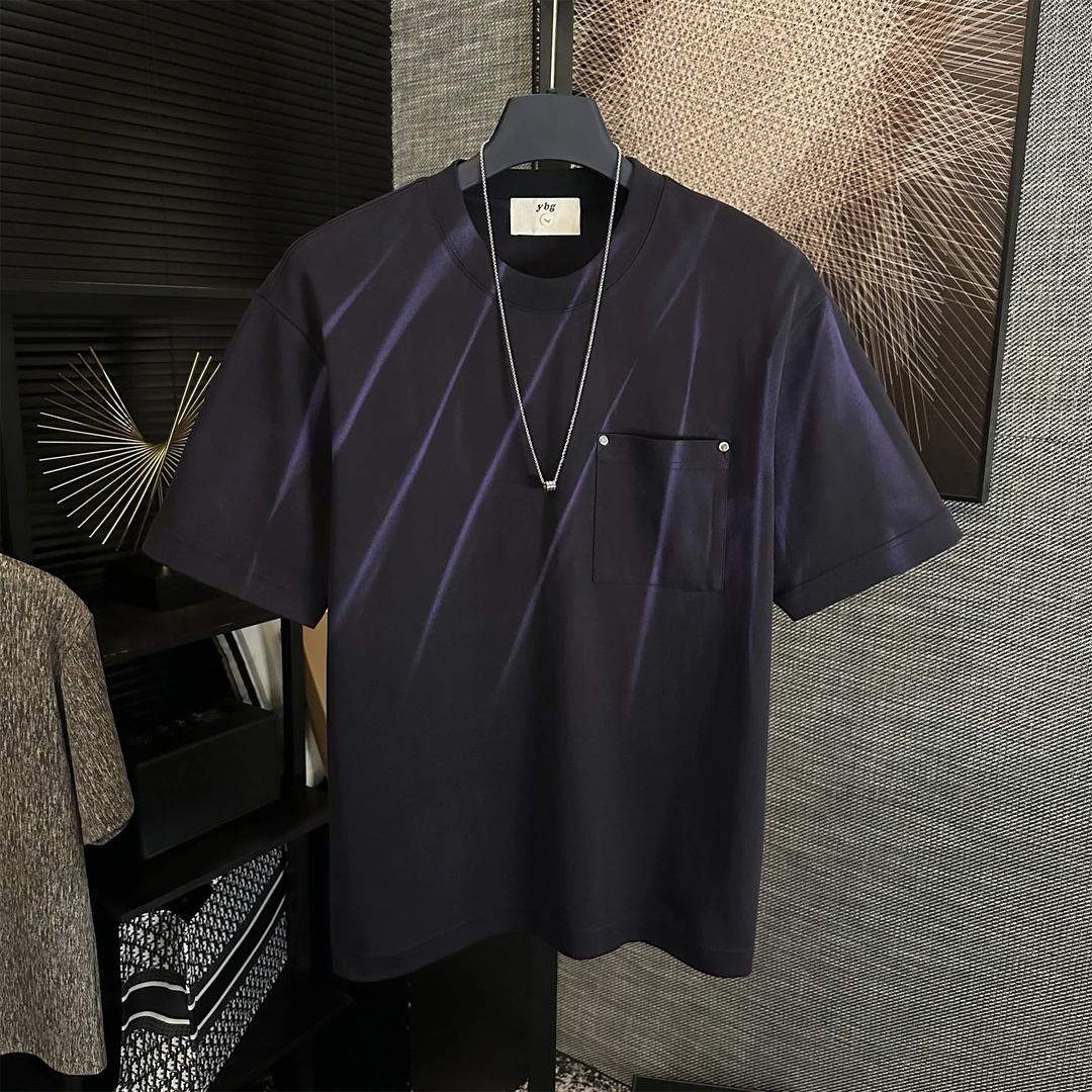 夏季男士原创个性圆领轻奢简约休闲拼接口袋高级感透气半袖上衣