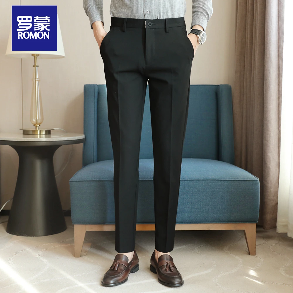 Romon/罗蒙春季休闲小西裤男修身垂感抗皱小直筒男士休闲裤